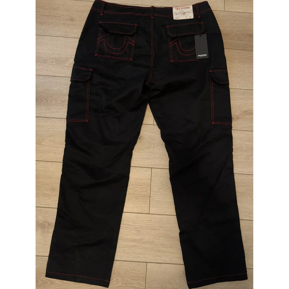 True Religion Men's Baggy Cargo Pants 108335 Size 38 Jet Black Red Stitching NWT